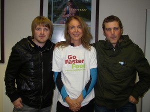 Go Faster Food author Kate Percy with Kasabian's Chris Edwards and brother Jay
